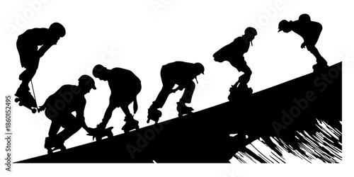 Silhouettes of skateboarders performing tricks isolated on white background, illustration