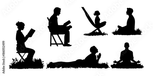 Silhouettes of people reading and meditating in nature isolated on white background, illustration