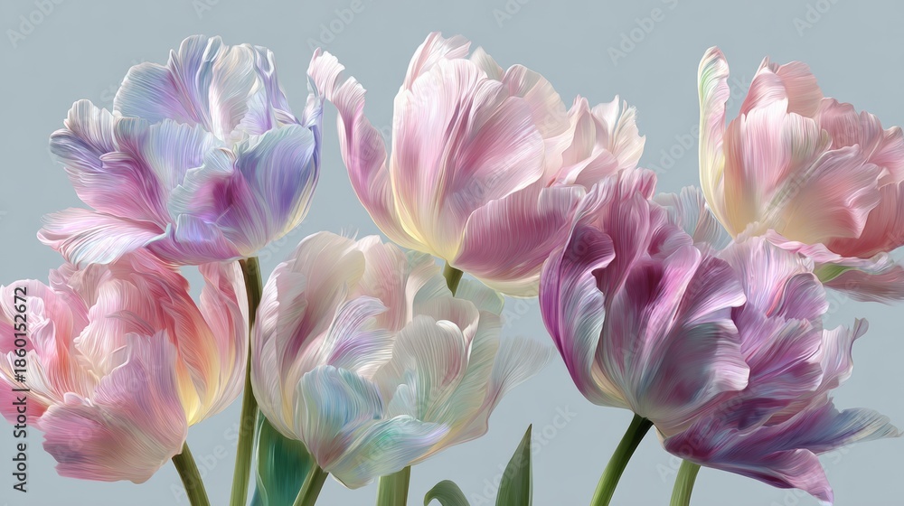 Obraz premium Pastel Colored Tulips with Ruffled Petals on Soft Blue Background