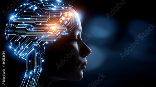 Glowing circuit patterns flowing through human brain outline, artificial intelligence neural connection, cognitive enhancement technology, mind-machine interface visualization, with copy space