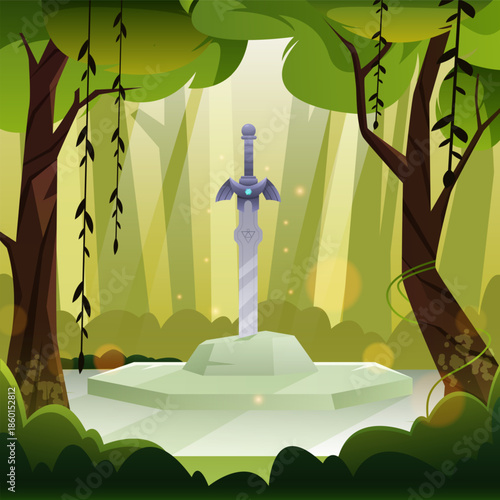 Knight's Sword in The Middle Of A Fantasy Forest Background
