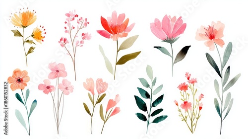 Wallpaper Mural Watercolor Floral Painting with Stylized Multicolored Flowers Arranged Horizontally on White Background Torontodigital.ca