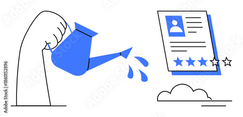 Hand holding watering can nurturing profile with rating stars, symbolizing growth, nurturing talent, personal development, recruitment strategy, employee performance, creativity, simple flat metaphor