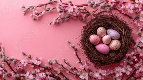 Bird nest with pastel speckled eggs surrounded by pussy willow and cherry blossoms on pink background,