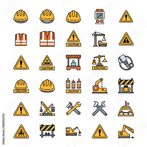 Construction Icons Set Safety Equipment Warning Signs Tools and Machinery Flat Design Vector Illustration Collection