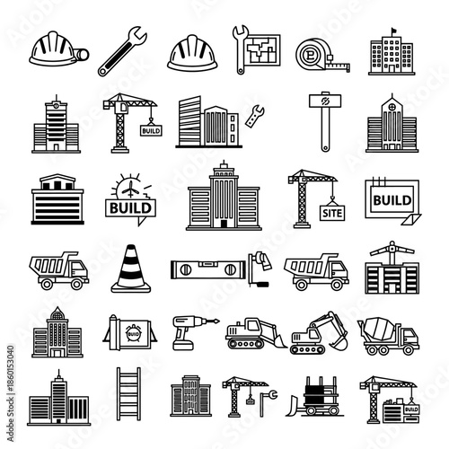 Construction Icons Set Vector Building Crane Truck Hard Hat Tools Site Development Industry Elements