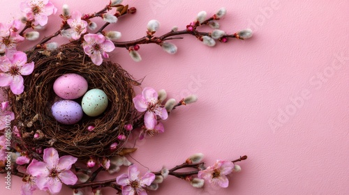 Bird nest with pastel speckled eggs surrounded by pussy willow and cherry blossoms on pink background,