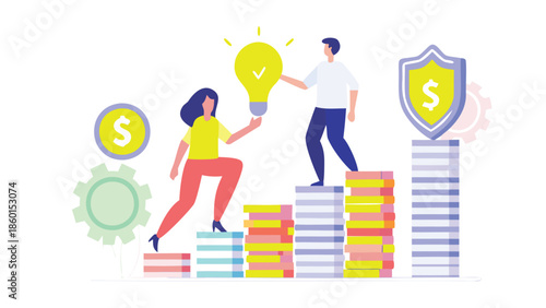 Business people climbing money stacks with lightbulb and shield