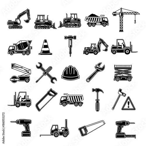 Construction Equipment Set Icons Black White Vector Graphics, Heavy Machinery And Tools Collection, Building Industry Elements