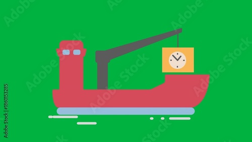 Pictogram of red ship with cargo on sea with clock