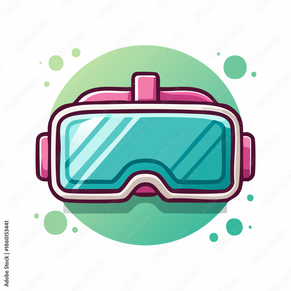 custom made wallpaper toronto digitalCartoon illustration of a pink and white VR headset with a teal screen and a green circular background.