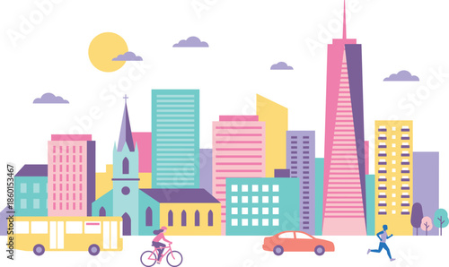 Colorful modern city skyline with urban buildings transport people and landmarks illustrating city life transportation architecture flat vector illustration design