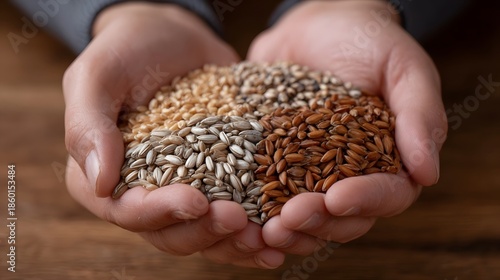 Wallpaper Mural Human hands cupped and holding a diverse collection of raw cereal grains on a wooden surface Torontodigital.ca