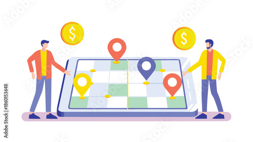 Two businessmen analyzing location based financial data on a large smartphone