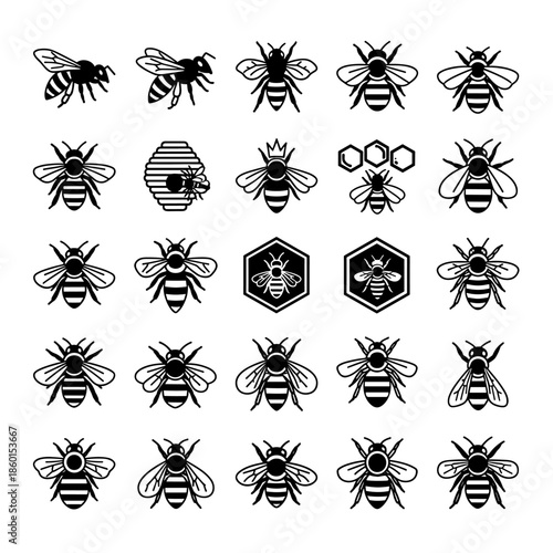 Collection of Vector Bee Illustrations and Icons Featuring Various Styles and Poses on a White Background