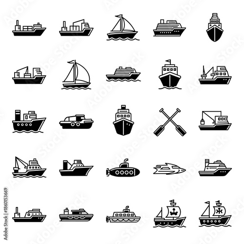 Collection of various ship and boat icons representing different types of watercraft and marine vessels