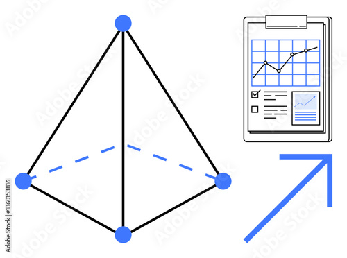 Data analysis, financial growth, statistics, geometric concepts, presentations, analytical tools. 3D pyramid, chart with data arrow symbol. Data analysis and financial growth concept