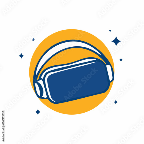 Wallpaper Mural VR headset icon with yellow circle and blue headset, surrounded by stars. Torontodigital.ca