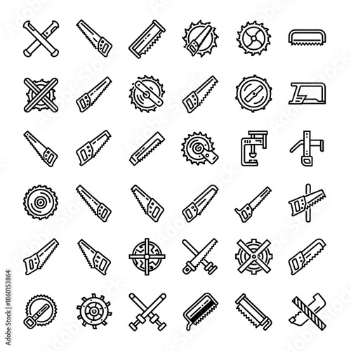 Collection of Saw Icons, Hand Saws, Circular Saws, and Saw Blades, Vector Graphic Elements on White Background