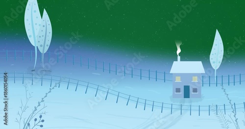 Digital animation of smoke coming out of house and trees moving on winter landscape