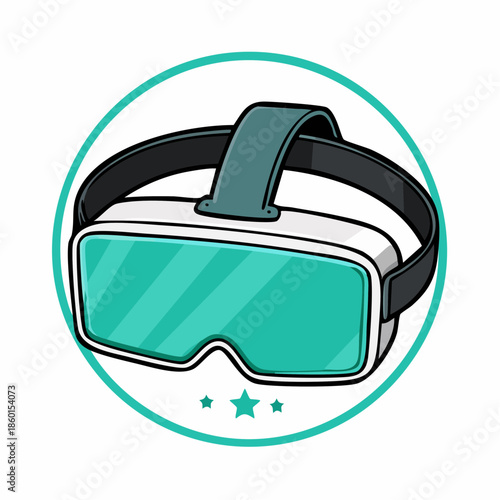 Cartoon VR headset with teal lenses and a teal circle background with stars.
