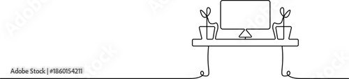 Elegant office desk with computer clean continuous line art vector illustration