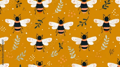 Whimsical seamless pattern with stylized bees, botanical elements, and white dots on mustard yellow background for decorative design use