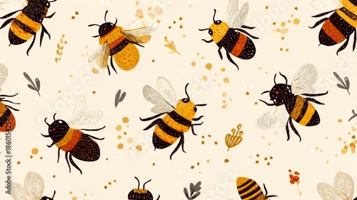 Whimsical seamless pattern with stylized bees, botanical elements, and white dots on mustard yellow background for decorative design use
