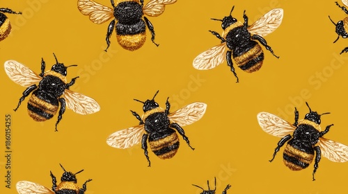 Whimsical seamless pattern with stylized bees, botanical elements, and white dots on mustard yellow background for decorative design use