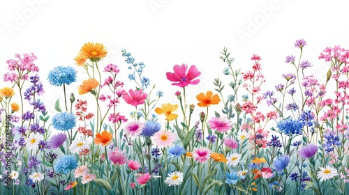 Vibrant wildflower composition with colorful blooms and green foliage isolated on white background, symbolizing freshness and seasonal beauty