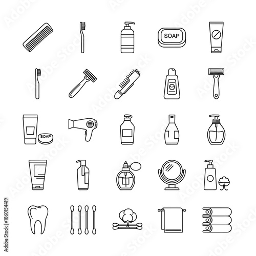 Collection of Hygiene and Personal Care Icons Vector Set, Essential Bathroom and Health Related Line Art Symbols