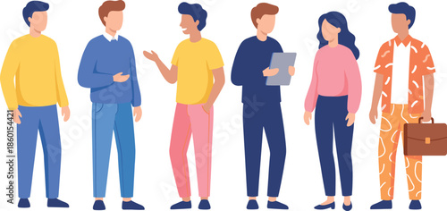 Diverse group of people standing and talking together representing teamwork communication collaboration modern lifestyle flat vector illustration character design