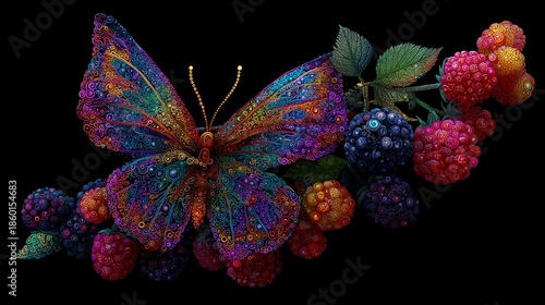Colorful butterfly surrounded by vibrant fruits and foliage in surreal digital composition blending nature, fantasy, and artistic abstraction