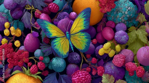 Colorful butterfly surrounded by vibrant fruits and foliage in surreal digital composition blending nature, fantasy, and artistic abstraction