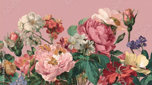 Realistic floral arrangement with blooming lilies, hydrangeas, and mixed foliage in vibrant natural colors for decorative and botanical design