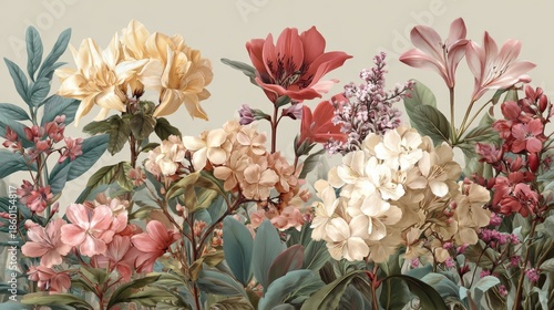 Realistic floral arrangement with blooming lilies, hydrangeas, and mixed foliage in vibrant natural colors for decorative and botanical design