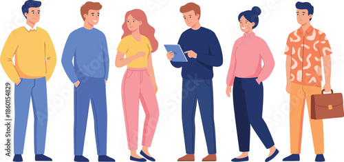 Diverse group of people standing together representing teamwork community friendship modern lifestyle flat vector illustration character set design concept artwork