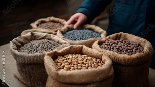 Burlap sacks filled with various raw grains and seeds a hand reaching in
