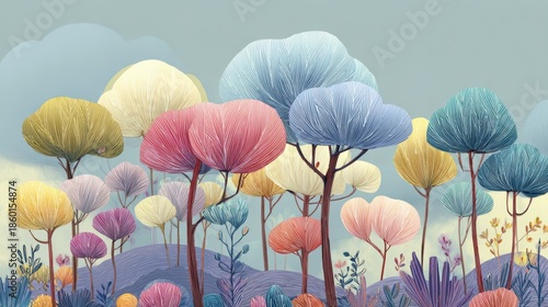 Whimsical forest landscape with pastel-colored trees, abstract hills, and dreamy sky in stylized digital illustration for creative design themes