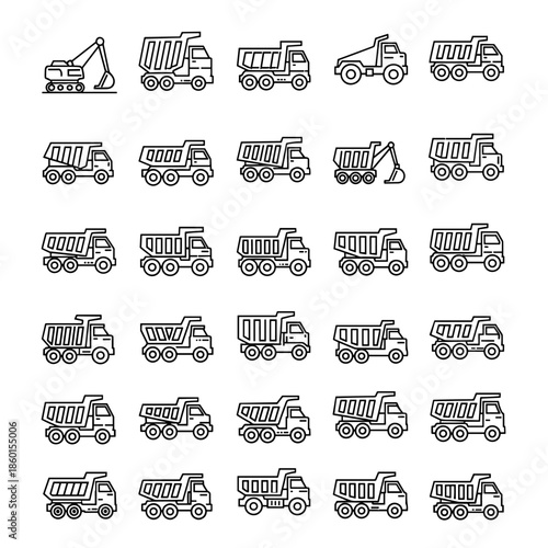 Collection of construction trucks and excavator icons isolated on white background, simple flat design vector illustration