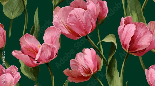 Digital illustration of blooming pink tulips with green leaves on dark green background, ideal for floral design and botanical decoration