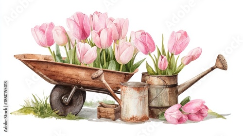Watercolor illustration of rustic garden scene with blooming pink tulips, metal bucket, wooden barrel, and pail on white background
