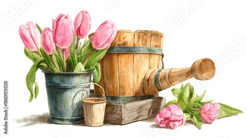 Watercolor illustration of rustic garden scene with blooming pink tulips, metal bucket, wooden barrel, and pail on white background