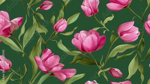 Digital illustration of blooming pink tulips with green leaves on dark green background, ideal for floral design and botanical decoration