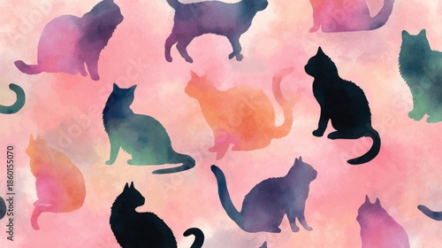 Seamless pattern of colorful cat silhouettes in various poses on pastel watercolor background for decorative, playful, and artistic design