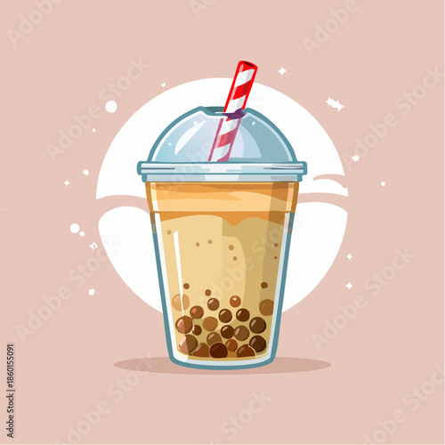 Illustration of a bubble tea drink with tapioca pearls and a striped straw.