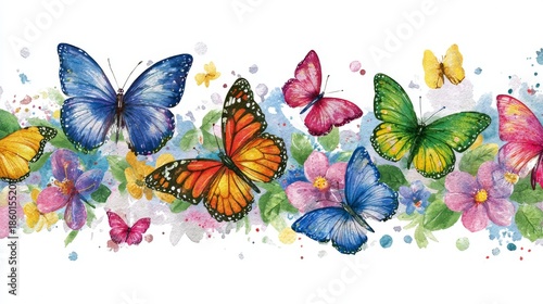 Watercolor illustration of colorful butterflies flying around blooming flowers on white background for decorative and nature-inspired design