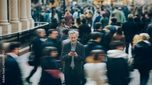 Businessman stands still with smartphone in hand while blurred crowd rushes around symbolizing digital overload isolation and modern urban stress