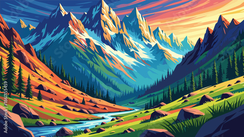 Vibrant Mountain Valley Vector Illustration at Sunset with a River Flowing Through and Lush Greenery