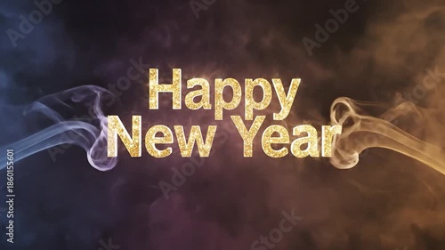 Happy New Year Golden Text with Colorful Smoke and Light Effects.